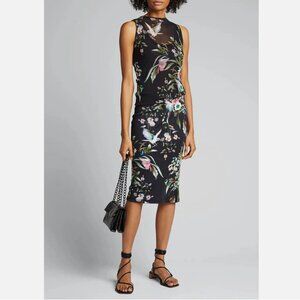 Fuzzi Dress Black Floral Hummingbird Blouson Mesh Stretch, Size M